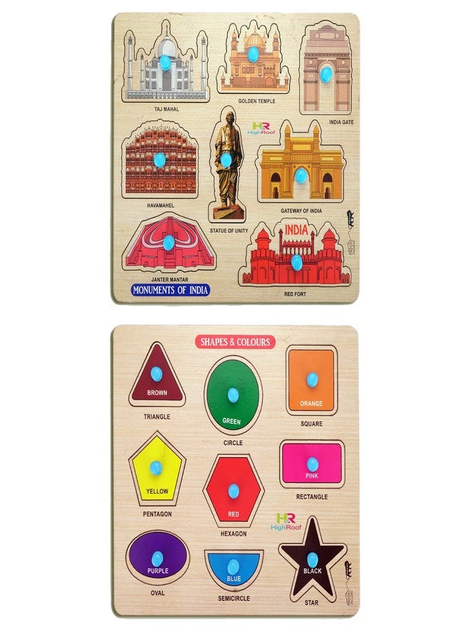 HIGHROOF® Kids Fort Pre Nursery Educational Jigsaw Puzzles for Adults Kids Learning Toys Kit Board Game 2 pcs Set of Monuments of India & Shapes & Colours Educational Toy - Image 1